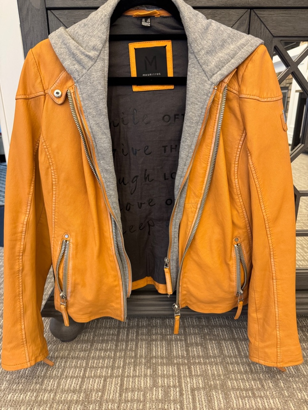 Mauritius Mustard Leather Faux Jacket with Grey Hood